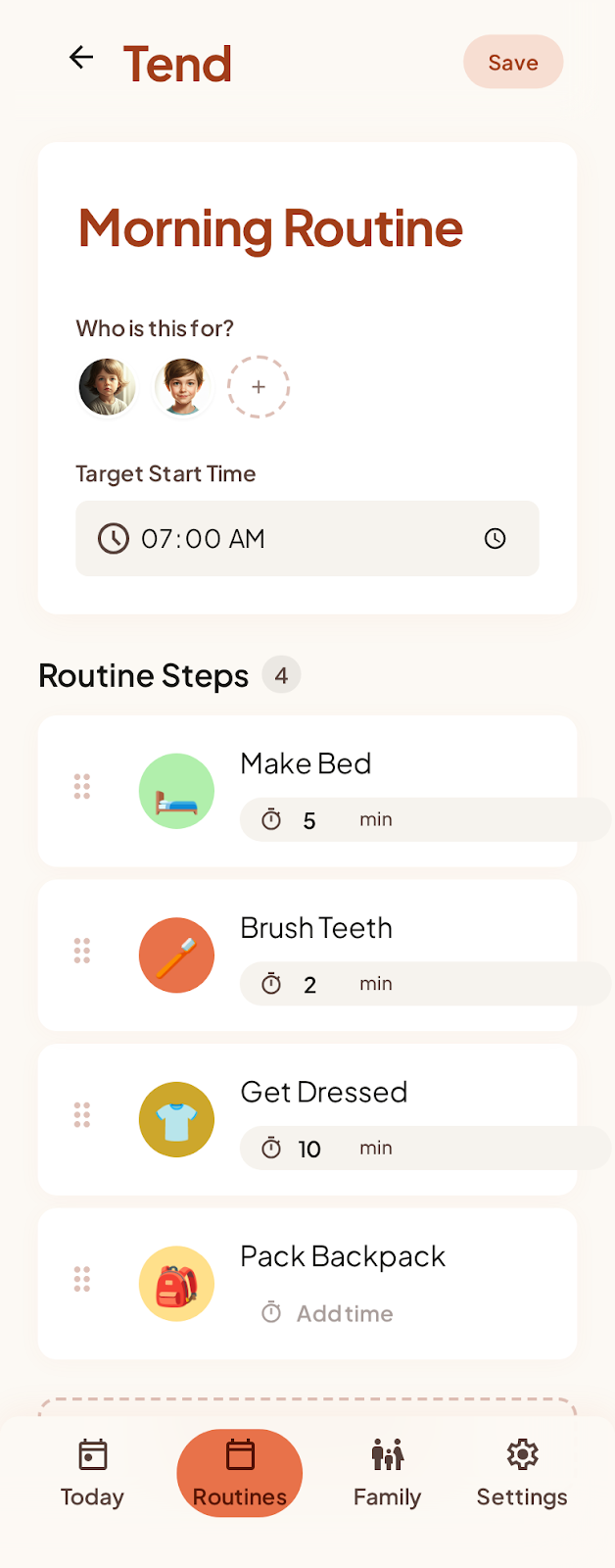 Edit routine screen with drag-to-reorder steps and icon selection