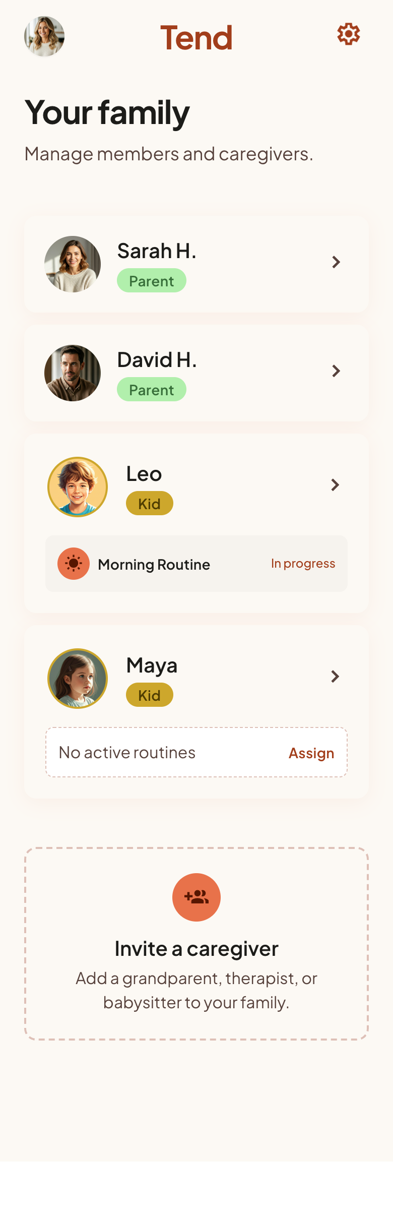 Family members screen listing two caregivers and two children, each with their routine status.