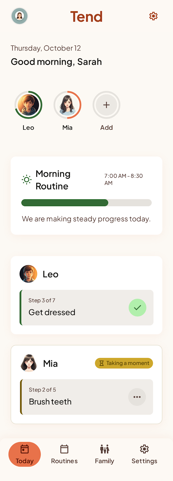 Tend parent dashboard showing morning routine progress: two kids, steps completed in real time